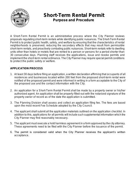 First page of the Short Term Rental Application