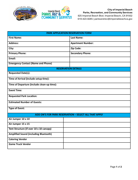 First page of the Park Application Reservation Form