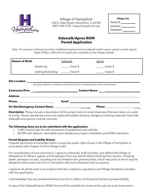 First page of the Sidewalk/Apron ROW Permit Application