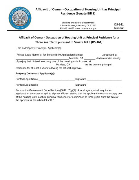 First page of the Affidavit of Owner Occupation of Housing Unit as Principal Residence