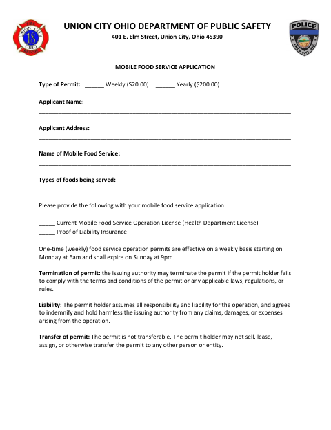 First page of the Mobile Food Service Application