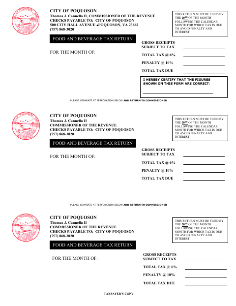First page of the Food and Beverage Tax Return