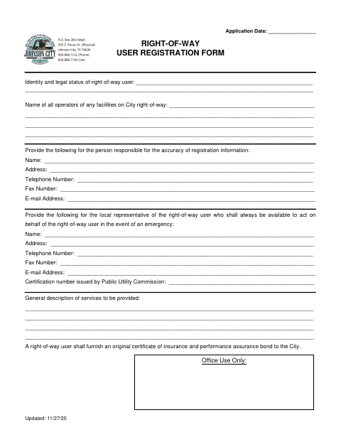 First page of the Right-of-Way User Registration Form