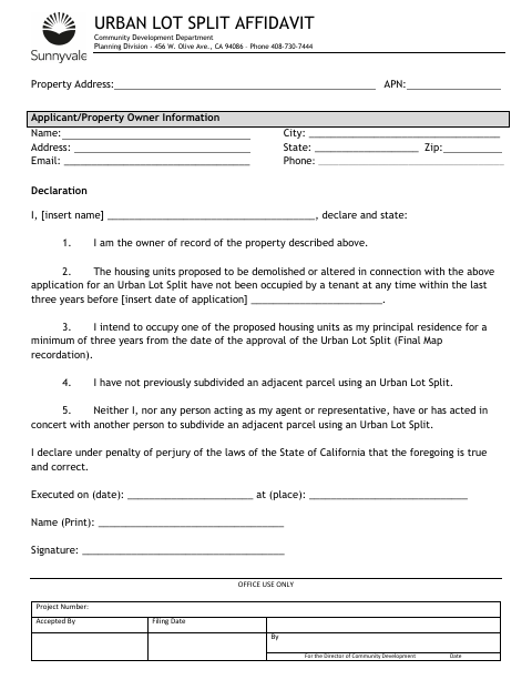 First page of the Urban Lot Split Affidavit