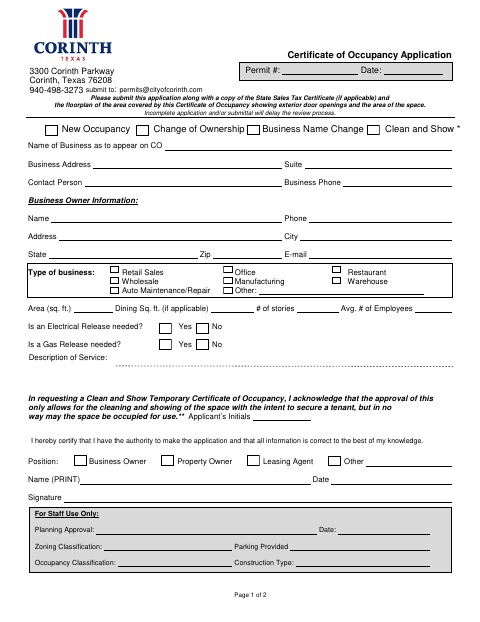 First page of the Certificate of Occupancy Application