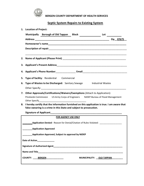 First page of the Septic System Repairs to Existing System