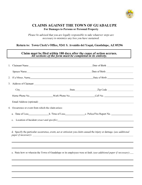 First page of the Liability Claim Form