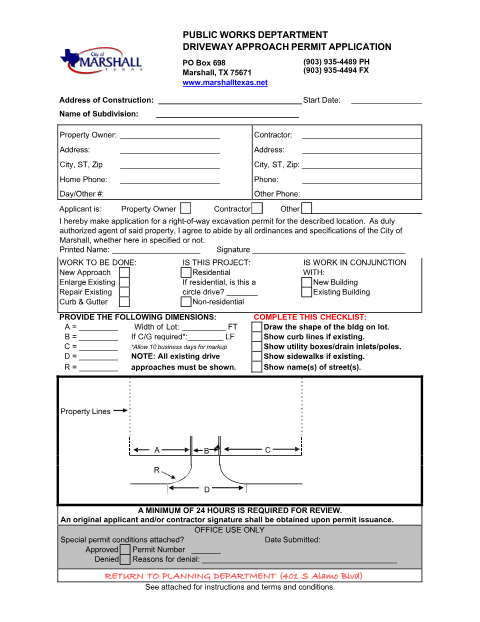 First page of the Driveway Approach Permit Application