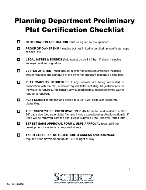 First page of the Preliminary Plat Certification Checklist
