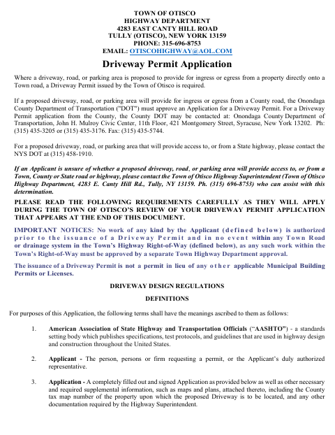 First page of the Driveway Permit Application