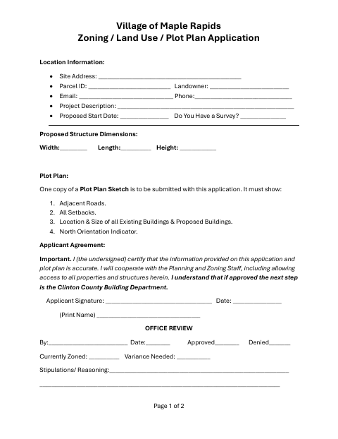 First page of the Zoning / Land Use / Plot Plan Application