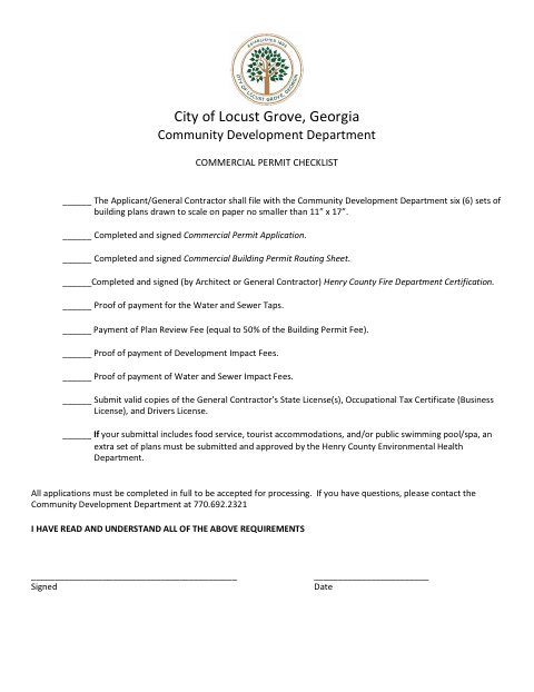 First page of the Commercial Permit Checklist