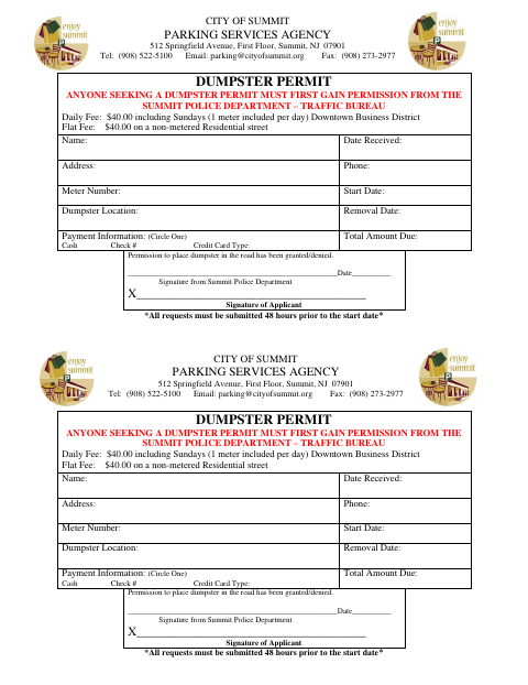 First page of the Dumpster Permit