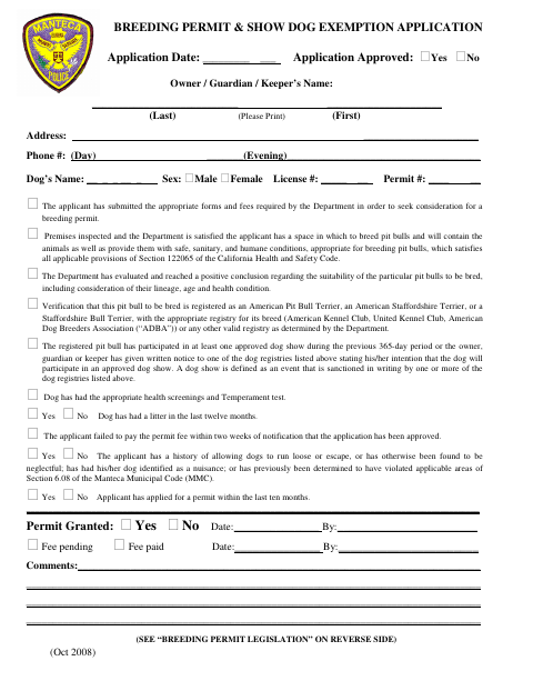 First page of the Breeding Permit and Show Dog Exemption Application