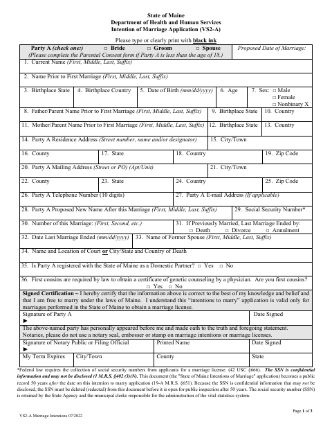 First page of the Marriage Intentions Application