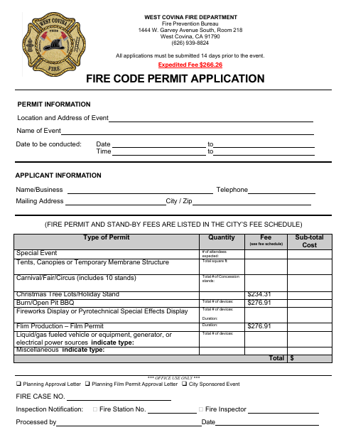 First page of the Fire Code Permit Application