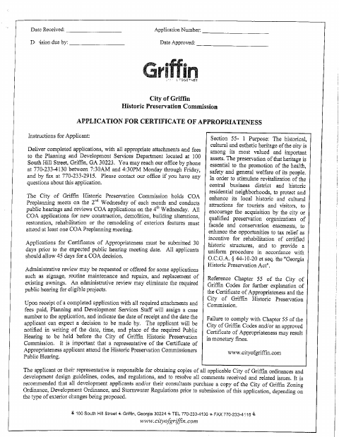 First page of the Certificate of Appropriateness Application