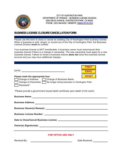 First page of the Business License Closure/Cancellation Form