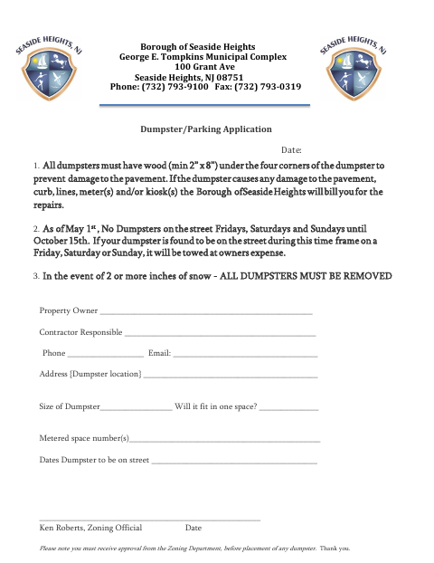 First page of the Dumpster/Parking Application