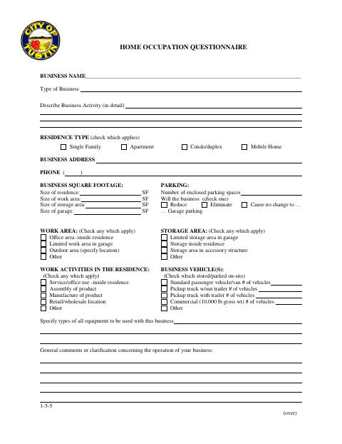 First page of the Home Occupation Questionnaire