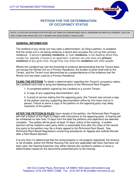 First page of the Petition for the Determination of Occupancy Status