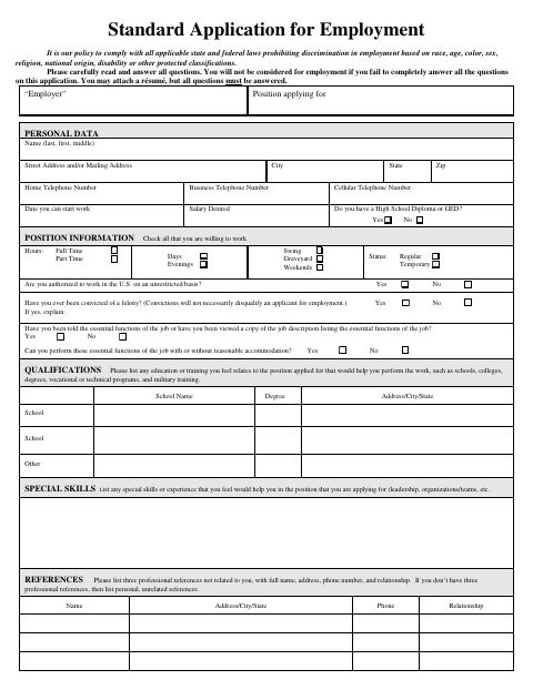 First page of the Standard Application for Employment