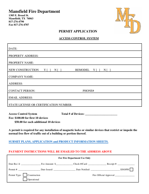 First page of the Access Control System Permit Application