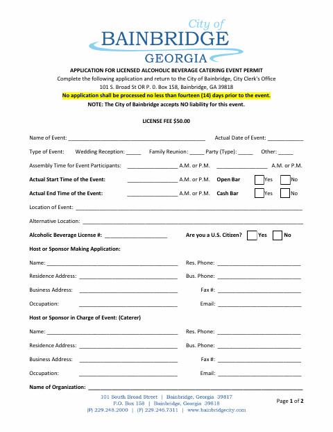 First page of the Licensed Alcoholic Beverage Catering Event Permit Application