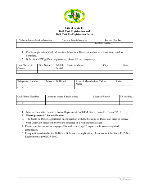 First page of the Golf Cart Registration and Golf Cart Re-Registration Form