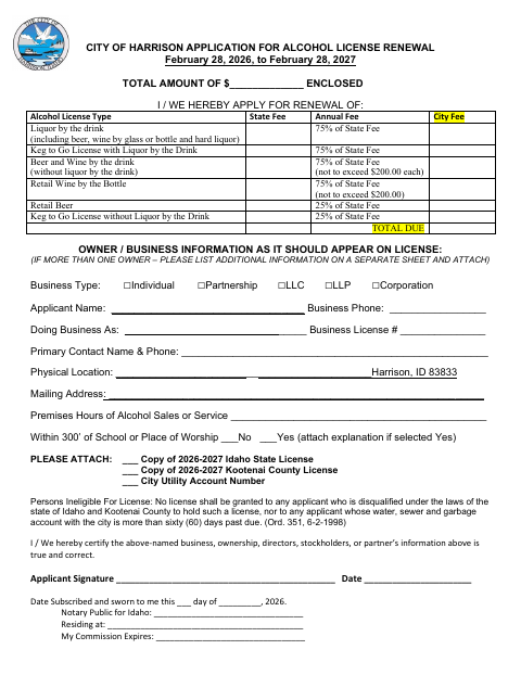 First page of the Alcohol License Renewal Application