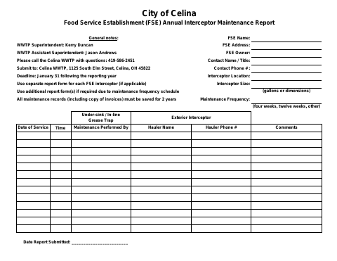 First page of the FSE Annual Interceptor Maintenance Report