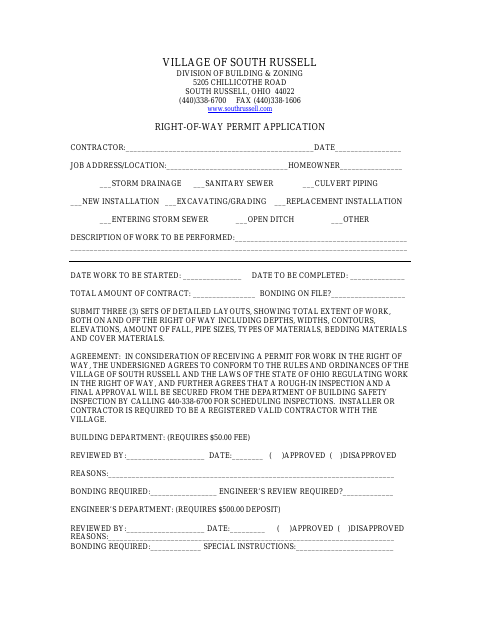 First page of the Right-of-Way Permit Application