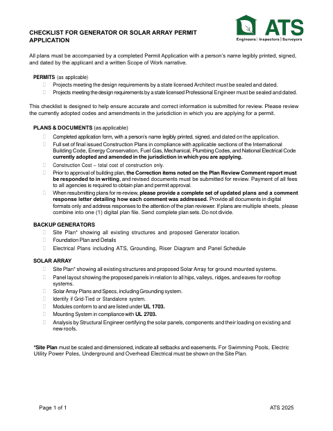 First page of the Checklist for Generator or Solar Array Permit Application
