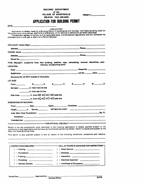 First page of the Village of Shortsville Building Permit Application