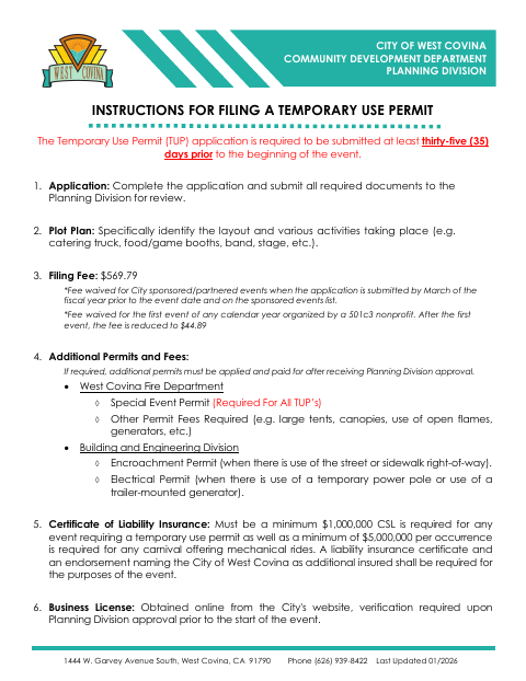First page of the Temporary Use Permit Application