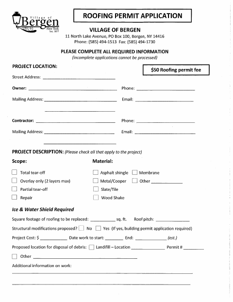 First page of the Roofing Permit Application