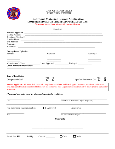 First page of the Hazardous Material Permit Application (Compressed Gas or Liquefied Petroleum Gas)