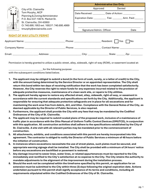 First page of the Right of Way Utility Permit