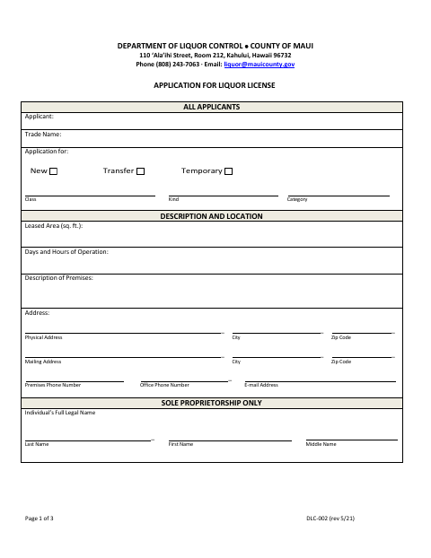 First page of the Application for Liquor License