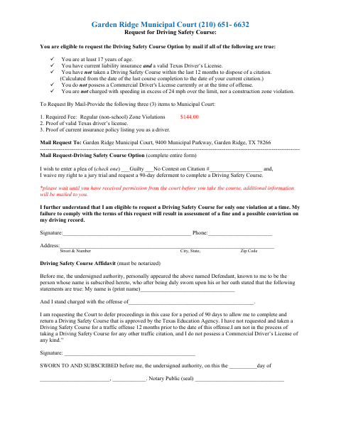 First page of the Driving Safety Course Request Form