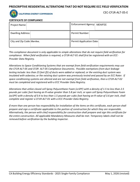 First page of the Prescriptive Residential Alterations Certificate