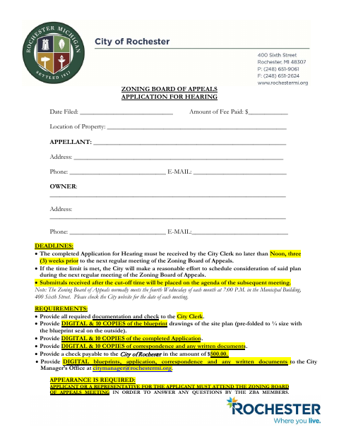 First page of the Zoning Board of Appeals Application