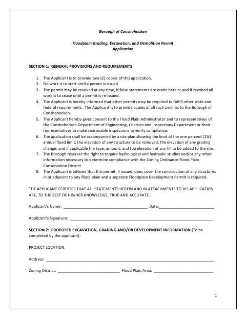 First page of the Floodplain Grading, Excavation, and Demolition Permit Application