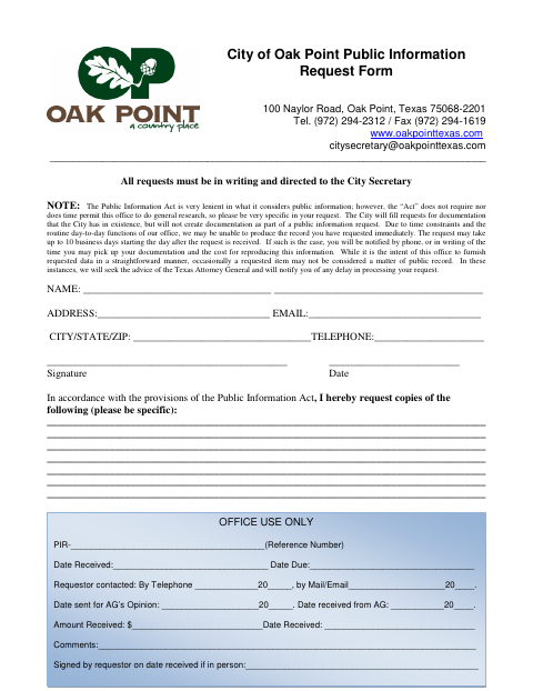 First page of the Public Information Request Form