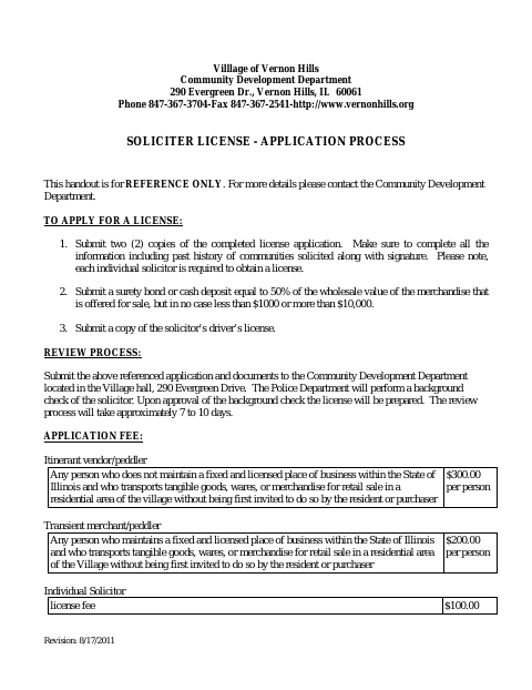 First page of the Solicitor and Peddler License Application