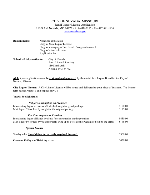 First page of the Retail Liquor License Application