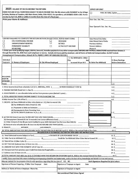 First page of the 2025 Village of Delta Income Tax Return