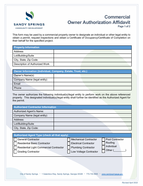 First page of the Commercial Owner Authorization Affidavit