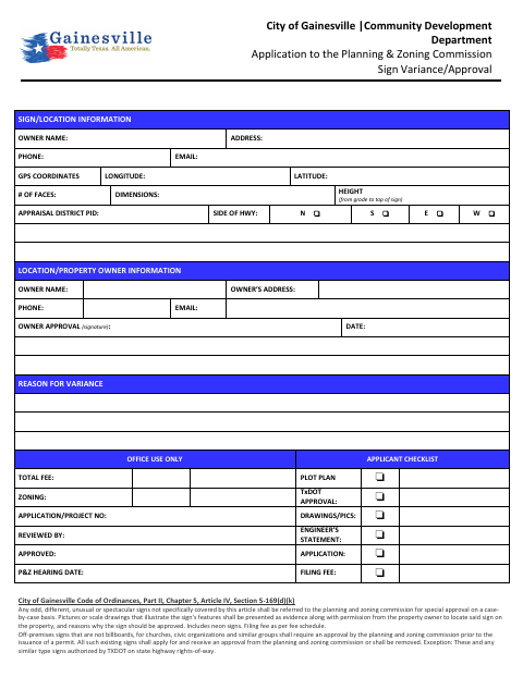 First page of the Sign Variance/Approval Application