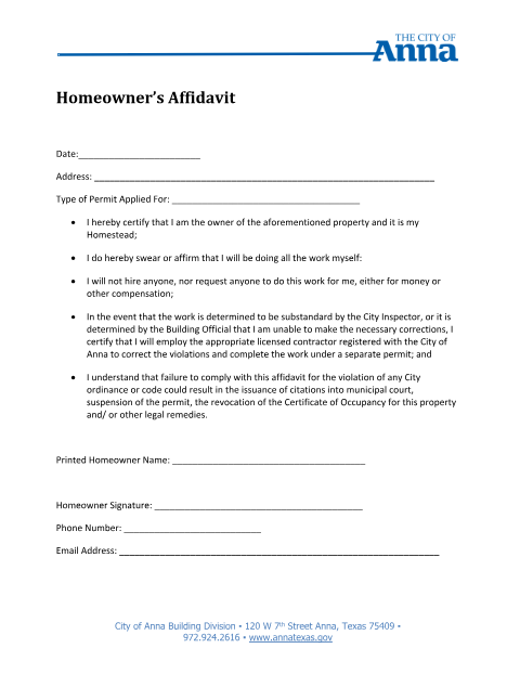 First page of the Homeowner’s Affidavit